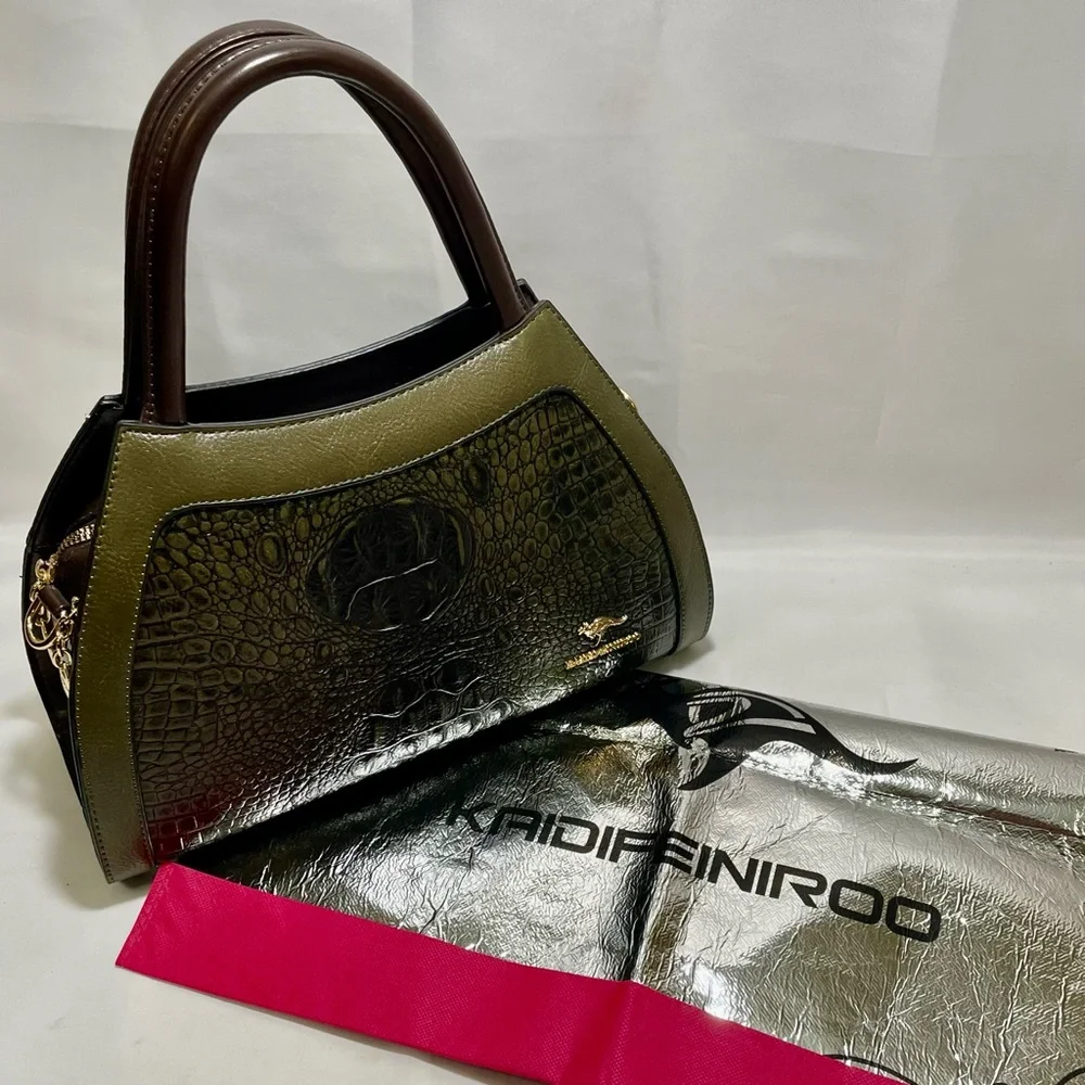 Kaidifeiniroo Croc-Embossed Gradient Olive Green & Brown Tote/Crossbody, NWOT